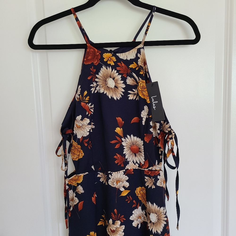 NWT Lulus Flourishing Flirt Navy Blue Floral Cutout Halter Midi Dress - Picture 6 of 8